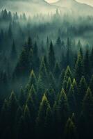 AI generated the land of pine trees, rain forest, mist, autumn fog photo