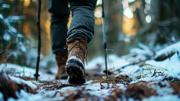 ai generado cerca arriba de piernas de persona en excursionismo Zapatos caminando en el invierno bosque foto