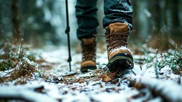 ai generado cerca arriba de piernas de persona en excursionismo Zapatos caminando en el invierno bosque foto