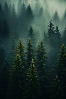 AI generated the land of pine trees, rain forest, mist, autumn fog photo