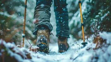 AI generated Close up of legs of person in hiking shoes walking in the winter forest photo