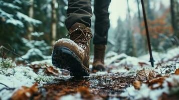 ai generado cerca arriba de piernas de persona en excursionismo Zapatos caminando en el invierno bosque foto