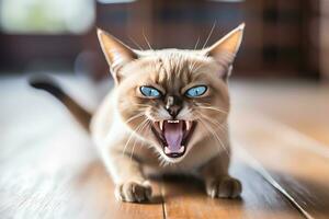 AI generated Thai Tonkinese cat hissing in a cozy home background photo