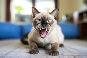 AI generated Thai Tonkinese cat hissing in a cozy home background photo