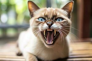 AI generated Thai Tonkinese cat hissing in a cozy home background photo