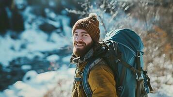AI generated russian smiling man look at the camera with a big blue backpack, on his shoulders walking through the winter mountains photo