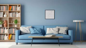 ai generado beige sofá con blanco almohadas y mesa en el lado con lámpara, blanco muro, minimalista interior diseño vivo habitación foto
