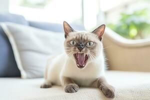 AI generated Thai Tonkinese cat hissing in a cozy home background photo