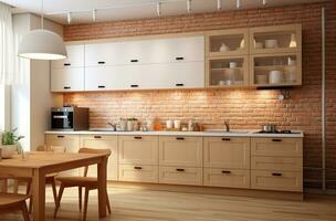 AI generated kitchen in white brick wall with wooden floor photo