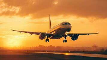 ai generado aterrizaje un avión en contra un dorado cielo a puesta de sol. pasajero aeronave volador arriba en puesta de sol ligero. de viaje y negocio concepto foto