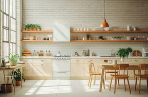 AI generated kitchen in white brick wall with wooden floor photo