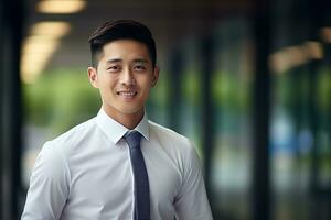 AI generated smiling businessman in the office, handsome and confident photo