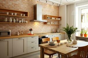 AI generated kitchen in white brick wall with wooden floor photo