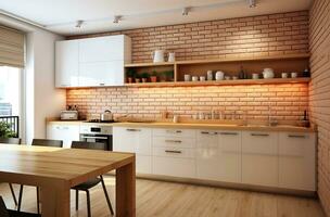 AI generated kitchen in white brick wall with wooden floor photo