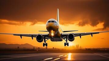 AI generated Landing a plane against a golden sky at sunset. Passenger aircraft flying up in sunset light. Travelling and Business concept photo