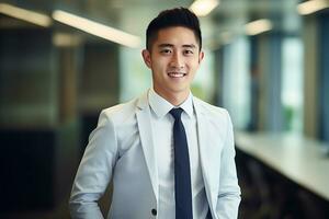 AI generated smiling businessman in the office, handsome and confident photo