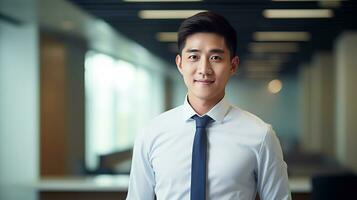 AI generated smiling businessman in the office, handsome and confident photo