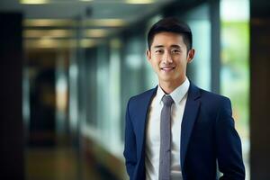 AI generated smiling businessman in the office, handsome and confident photo