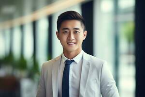 AI generated smiling businessman in the office, handsome and confident photo