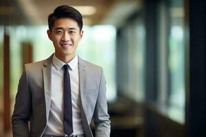 AI generated smiling businessman in the office, handsome and confident photo