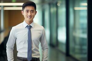 AI generated smiling businessman in the office, handsome and confident photo