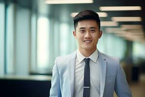 AI generated smiling businessman in the office, handsome and confident photo