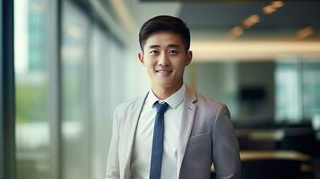 AI generated smiling businessman in the office, handsome and confident photo