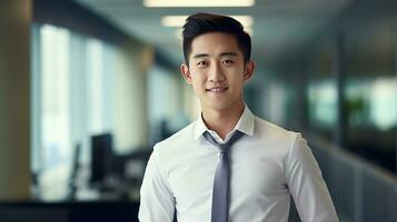 AI generated smiling businessman in the office, handsome and confident photo