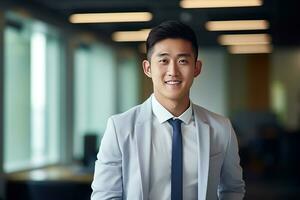 AI generated smiling businessman in the office, handsome and confident photo