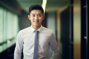 AI generated smiling businessman in the office, handsome and confident photo