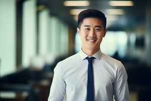 AI generated smiling businessman in the office, handsome and confident photo