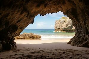 AI generated the beach from the inside of a large, rock cave photo