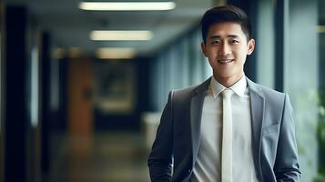 AI generated smiling businessman in the office, handsome and confident photo