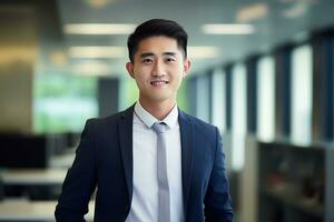 AI generated smiling businessman in the office, handsome and confident photo