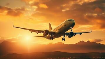 AI generated Landing a plane against a golden sky at sunset. Passenger aircraft flying up in sunset light. Travelling and Business concept photo