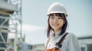 ai generado sonrisa de hermosa japonés construcción hembra trabajador foto