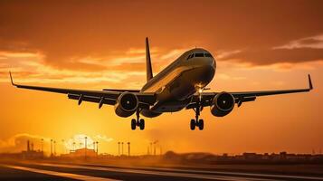 AI generated Landing a plane against a golden sky at sunset. Passenger aircraft flying up in sunset light. Travelling and Business concept photo