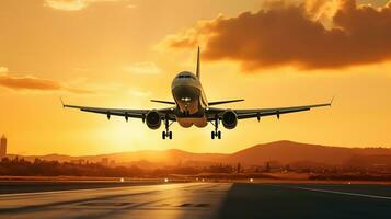 ai generado aterrizaje un avión en contra un dorado cielo a puesta de sol. pasajero aeronave volador arriba en puesta de sol ligero. de viaje y negocio concepto foto