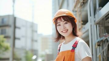 ai generado sonrisa de hermosa japonés construcción hembra trabajador foto