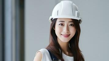 ai generado sonrisa de hermosa japonés construcción hembra trabajador foto