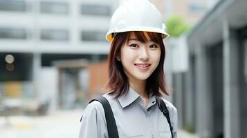 ai generado sonrisa de hermosa japonés construcción hembra trabajador foto