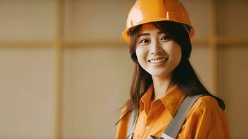 ai generado sonrisa de hermosa japonés construcción hembra trabajador foto