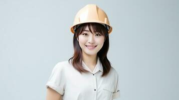 ai generado sonrisa de hermosa japonés construcción hembra trabajador foto