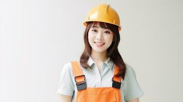 ai generado sonrisa de hermosa japonés construcción hembra trabajador foto