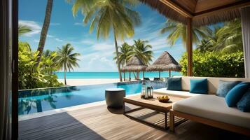 ai generado el piscina a o cerca Maldivas a soleado foto