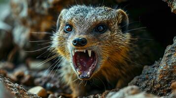 AI generated Portrait of a yellow mongoose in nature. Animal rabies. photo