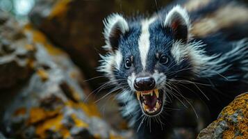 AI generated Portrait of a skunk in the forest, close up.  Animal rabies. photo