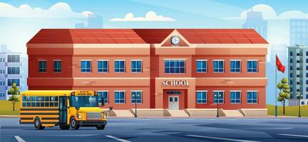 School building with school bus on cityscape background. Vector cartoon illustration