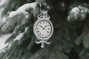 AI generated Vintage clock outdoors in winter. Neural network AI generated photo