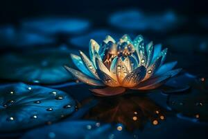 AI generated lotus flower in the water at night. Neural network AI generated photo